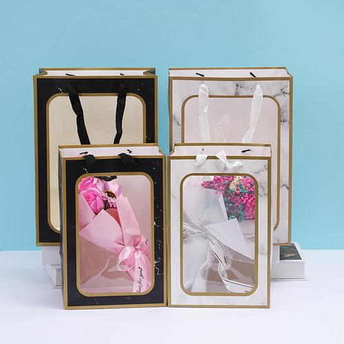 厂家直销透明开窗礼品手提袋 情人节鲜花礼物包装袋节日 玩偶礼袋